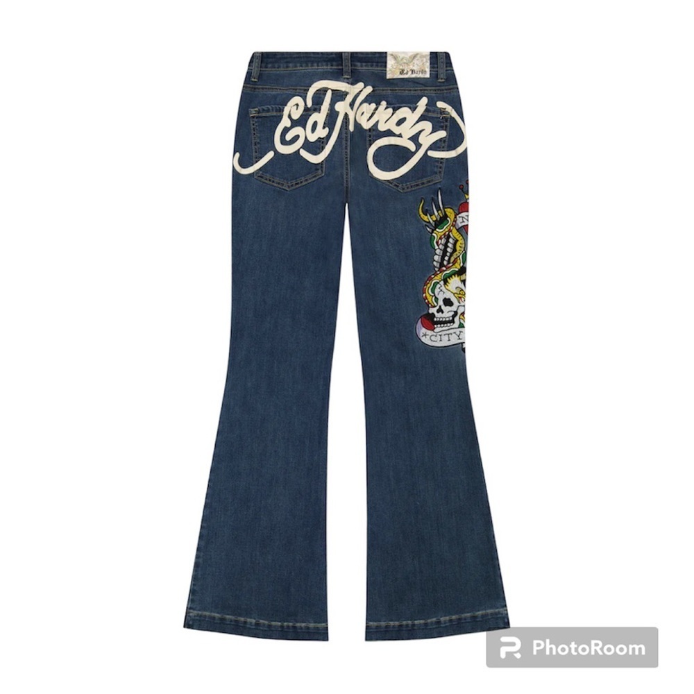 NWT ED HARDY Vintage Y2K Slim Flare Women Jeans Denim SZ 34 Stretch Skull NYC